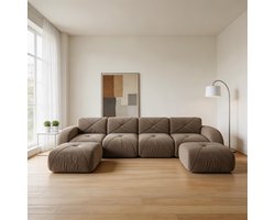 Komhtom - U-vormige modulaire bank en frameloze bank - 4-zits combinatiebankenset inclusief 2 poefs - van comfortabele stof met antislipontwerp - geen montage nodig - geschikt voor de woonkamer - bruin