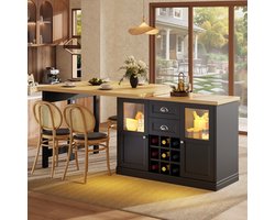 KOMHTOM Uitschuifbare Eettafel - 120-197 cm - Met LED-verlichting - 360° Draaibaar Tafelblad - Opbergruimte en Wijnrek - Wit Zwart - Modern Design - Keukentafel Eetkamertafel - Ruimtebesparend - Metalen Onderstel - Draagvermogen 60 kg