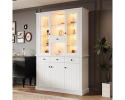 KOMHTOM Vitrinekast 119,5*40*180 cm, vitrinekast op poten met 4 lades, vitrines met 16 LED-kleuren, woonkamerkast van 120 cm breed, kast met 4 lades en 5 deuren, grote kast met 21 opbergvakken, MDF