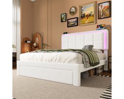 KOMHTOM Volwassenenbed met lades 160x200 cm frame van ijzer en hout verstelbaar hoofdeinde sfeerverlichting van fluweel Teddy