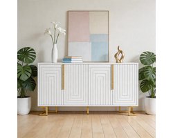 Komhtom - Wit dressoir met geometrisch ontwerp - 152×40×75 cm - Elegante uitstraling met gouden handgrepen en poten