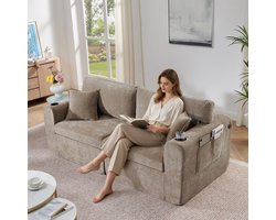 Komhtom Zitbank - 2-zits - Chenille - Beige met opbergruimte, bekerhouders en kussens - Woonkamer en appartement