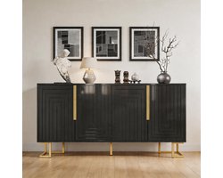 Komhtom - Zwart dressoir met geometrisch ontwerp - 152×40×75 cm - Elegante uitstraling met gouden handgrepen en poten