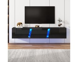 KOMHTOM Zwevend TV-Meubel - Wandmeubel Zwart Hoogglans - Lowboard met LED Verlichting - 3 Deuren - 180x35x30 cm - Geschikt voor 75 Inch TV - Moderne Woonkamer Kast