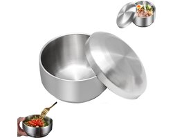 Kommen met deksel van roestvrij staal - geïsoleerde kommen - dubbelwandige soepkommen - dubbelwandige hittebestendige kommen - metalen mengkommen - snackkommen - lunchboxen, geschikt voor Koreaanse keukens en restaurants