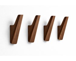 Kommo Walnoot Kapstokhaken – 4 Stuks – Houten Wandhaken voor Jas, Tas en Handdoek – Wandkapstok - Massief Walnoothout – Incl. Schroeven, Pluggen en Boormal