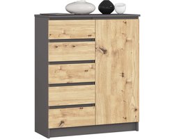 Kommode K80 met 5 Lades en 1 Deur / AKORD Furniture Factory / Grafietgrijs - Eiken / 80 x 97 x 35 cm