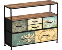 Kommode met 6 stoffen laden, Boheemse kaptafel, TV-standaard voor slaapkamer, dressoir met houten plaat, stoffen laden, metalen frame voor woonkamer, slaapkamer, hal