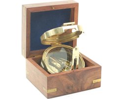 Kompas – nautisch – goudkleurig – houten kistje – 10,5 x 9,5 x 7 cm - Messing - spiegelkompas