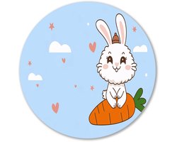 Konijn op wortel poster - Schattig schilderij rond - Wandobject rond konijn - Digital Art - Schilderij forex - Muurkunst woonkamer - muurcirkel forex 40x40 cm