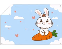 Konijn op wortel poster - Schattig tuinprint - Tuinmuurdecoratie konijn - Digital Art - Tuinschilderij voor buiten - Tuinschilderijen voor buiten - tuinposter 75x50 cm