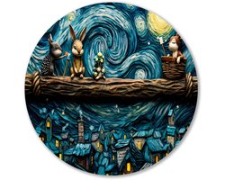 Konijnen onder sterrenhemel kunst - Dieren muurcirkels - Wandschalen konijnen - Surrealistisch - Wandcirkel van Forex - Wooninrichting met schilderijen - muurcirkel forex 90x90 cm