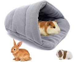 Konijnennest - konijnenholbed - schuilplaats voor cavia's - 38 x 28 cm - half afgesloten - zacht en warm - dierenslaapzak - nest voor kleine dieren - geschikt voor fretten, eekhoorns, hamsters, chinchilla's, egels, konijnen - lichtgrijs