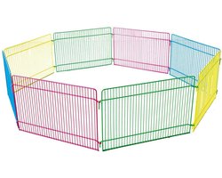 Konijnenren – knaagdierren – Flamingo Ren Meerkleurig – Ø84,5cm hoogte 23cm – 8 panelen – metaal – 1 deur met haaksluiting – opvouwbaar – voor kleine knaagdieren – binnen en buiten