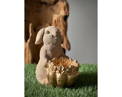 Konijn/paashaas met schaal voor paaseieren camel 19.5 cm hoog - steen - decoratief beeld of figuur - thema Pasen - lentecollectie - zomercollectie - cadeau - geschenk - voor binnen - decoratie - interieur - voorjaar