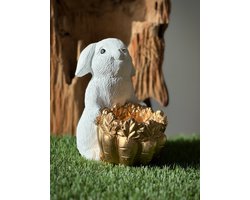 Konijn/paashaas met schaal voor paaseieren wit 19.5 cm hoog - steen - decoratief beeld of figuur - thema Pasen - lentecollectie - zomercollectie - cadeau - geschenk - voor binnen - decoratie - interieur - voorjaar