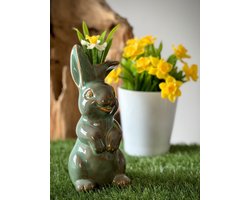 Konijn/paashaas vaasje L Sammie blauw-groen 24 cm hoog - decoratief beeld of figuur - thema Pasen - lentecollectie - zomercollectie - cadeau - geschenk - voor binnen - decoratie - interieur - voorjaar