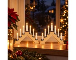 Konstsmide Kaarsenbrug - 2x - naturel - hout - met LED verlichting - 7 led lampjes - 38 x 30 x 5,5 cm - kandelaar - kerstkandelaar