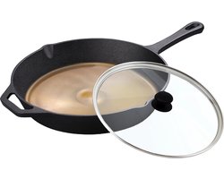 Koock Amsterdam® gietijzeren Skillet pan gepolijst - koekenpan MET DEKSEL - PFAS vrij - geschikt voor alle warmtebronnen incl. BBQ en inductie.