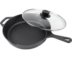 Koock Amsterdam® gietijzeren Skillet pan - koekenpan MET DEKSEL - PFAS vrij - geschikt voor alle warmtebronnen incl. BBQ en inductie.