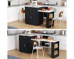 Kookeiland met uitschuifbare eettafel voor 4-6 personen, tweekleurige keukentafel, stopcontact, opbergkast, 2 laden, 2 open vakken aan de zijkanten