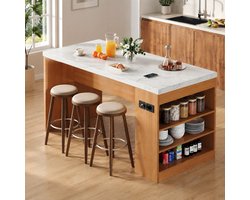 Kookeiland Tafel Met Led Verlichting En Stopcontacten - 155 X 80 X 90 Cm - 40 Mm Dik Blad - Natural White - Voor Keuken En Eetkamer