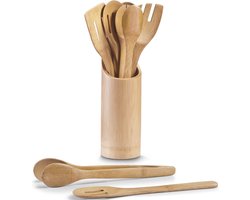 Kookgerei bamboehout 7-delig in houder 9 x 33 cm - Keukenbenodigdheden - Keukenaccessoires/decoratie - Keukengereedschappen neerzetten - Kookgerei in houders