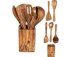 Kookgerei Set 6-Delig met Vierkante Houder – Keuken Accessoires – Keukengerei uit Ecologisch Natuurlijk Olijfhout