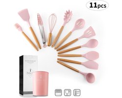 Kookgerei set met Houder 11-delig - Keukengerei Siliconen Set Roze met hout - kitchenset - Keukengerei
