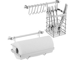 kookgereihouder set -met 6 haken - rvs look - keukenrolhouder - afdruiprek - zilver