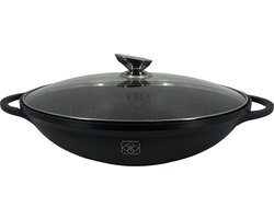 Kookkunst Holland Wokpan Ø36 cm met Glazen Deksel – Inductie Geschikt – Gietaluminium – Anti-aanbak Marmeren Coating – Grote Wokpan voor Alle Warmtebronnen