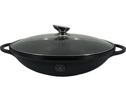 Kookkunst Holland Wokpan Ø40 cm met Glazen Deksel – Inductie Geschikt – Gietaluminium – Anti-aanbak Marmeren Coating – Grote Wokpan voor Alle Warmtebronnen