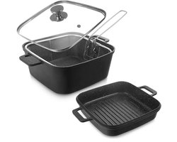 Kookpan Graniet met Glazen Deksel met Grillpan en Mandje GRANDE 2+4 l 4 delig - Kookpot - Soeppan