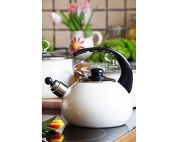 Kookpro Silesia - Emaille Fluitketel 2.5 Liter Creme Wit - Waterketel - Geschikt voor Alle Warmtebronnen - Retro