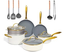 kookset, gezond, pannen en pannenset met deksel, antiaanbaklaag (zonder PFAS, PFOA), keuken, inductie, ovenbestendig, vaatwasser, beige/witgoud (crème, grijs, goud)