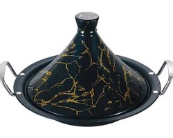Kooktajine, 38 cm, zwart en goud, geschikt voor inductie, deksel van porselein