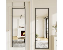 Koonmi Deurspiegel, 122 x 35 cm, robuuste spiegel met minimalistisch aluminium frame met smalle rand, ideaal voor woon- en slaapkamers, grote moderne wandspiegel om achter te hangen, zwart