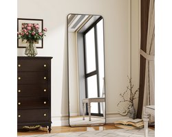 Koonmi ronde hoekspiegel, 150 x 40 cm, stevige spiegel met minimalistisch smal aluminium frame, grote moderne wandspiegel voor woonkamer en slaapkamer, kan vrijstaand of hangend worden gebruikt, zwart