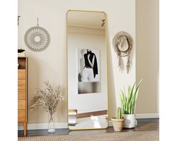 Koonmi ronde hoekspiegel, 150 x 40 cm, stevige spiegel met minimalistisch smal aluminium frame, grote moderne wandspiegel voor woonkamer en slaapkamer, kan vrijstaand of hangend worden gebruikt, goud