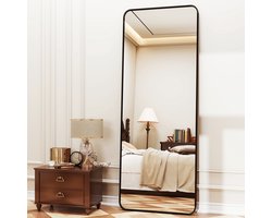 Koonmi ronde hoekspiegel, 167 x 58 cm, stevige spiegel met minimalistisch smal aluminium frame, grote moderne wandspiegel voor woonkamer en slaapkamer, kan staan ​​of hangen, zwart