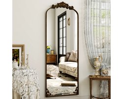 Koonmi vintage staande spiegel met reliëf bovenaan, 160 x 50 cm, gehard glas, goud