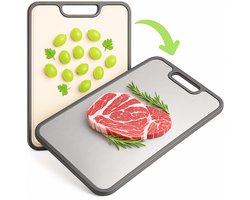 Koopwijs® RVS snijplank – Dubbelzijdig & Hygiënisch – Geen Microplastics – Met Sapgeul & Ingebouwde Rasp – Titanium Look