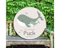 Koosje decoraties - Geboortebord tuin - buiten - walvis met kindje - groen - Ø60cm - gratis eigen tekst en naam – babybord