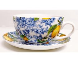 Kop en Schotel - Cappuccino Set - Thee en Koffie - Hand Decoreerd - 15.5 cm Breed - Blauw Geel