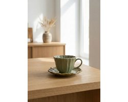 Kop en schotel set keramiek groen - 12-delige set - Brocante stijl - Vaatwasbestendig