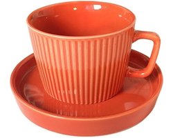 Kop en schotel - Theeservies Mok - Thee moment verhogen - Massief gegolfd design - 1 stuk - Oranje-rood