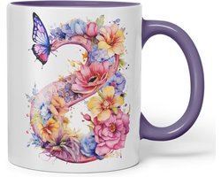 Kop met Letter S - Monogram mok - Warme dranken - Bloemen vlinder design - 330 ml - Paars