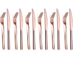 Koperen Bestekset, 12-delig, premium roestvrij staal, 6 tafelvorken en 6 tafelmessen, steakvorken voor 6 personen, vaatwasmachinebestendig (glanzend kope