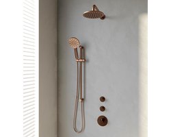 Koperen thermostatische inbouwset met regendouche, gebogen muurarm & 3-standen handdouche