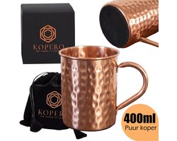 Kopero Premium Koperen Mok Gehamered - 400ml - Puur Koper - Met Fluwelen Draagzak - Met Filten Onderkant - Met Draaghendel - Handgemaakt - Koperen Fles - Koperen Beker - Koperen Drinkbeker - Ayurveda